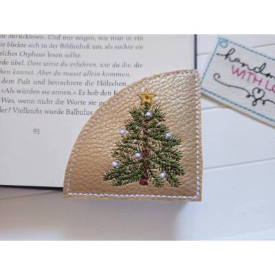 Lesezeichen Tannenbaum gestickt aus Kunstleder gold – Weihnachts-Leseecke Geschenk