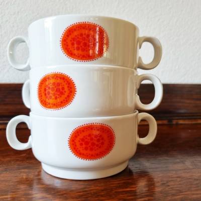Vintage SUPPENTASSEN - 70er Jahre - Thomas / Scandic, in orange-rot Punktemuster auf weiß, von Oma Albine