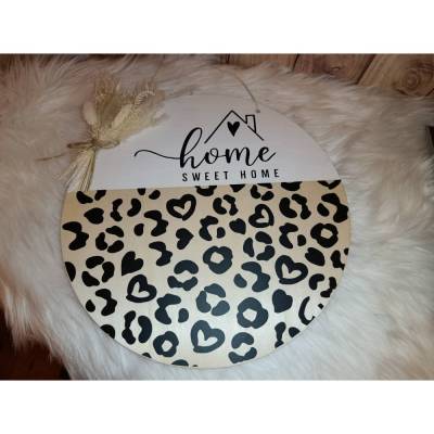 Türschild Holz rund 30 cm – Home Sweet Home – Leopardenmuster & Trockenblumen – Deko Schild Haustür