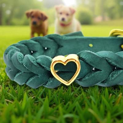 Hundehalsband aus grünem Fettleder geflochten für die Kleinen mit einem Halsumfang von ca. 20 - 25 cm verstellbar. 