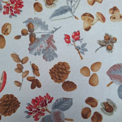 Baumwollstoff mit Herbstmotiven, Dekostoff, Breite 1,40 m, Meterware, natur,  beige, grau, rot, Fliegenpilz, Nüsse