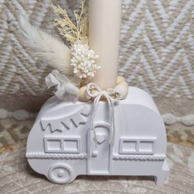 Kerzenhalter Wohnwagen – Boho-Deko mit Trockenblumen aus Raysin, handgefertigt