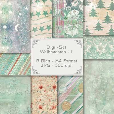 WEIHNACHTEN 1, weihnachtliche Motive im Vintage Style, 15 Blatt, Printable, digitales Papier zum download und drucken
