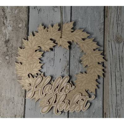 Türkranz Hallo Herbst – 3D Türschild aus Pappelholz mit Lasergravur, handgefertigt, 21cm