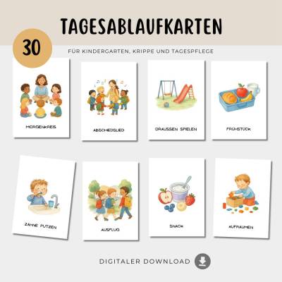 Tagesablaufkarten für Kindergarten und Kita, Morgenkreis Bildkarten als PDF Download, Aktivitäten Flashcards 