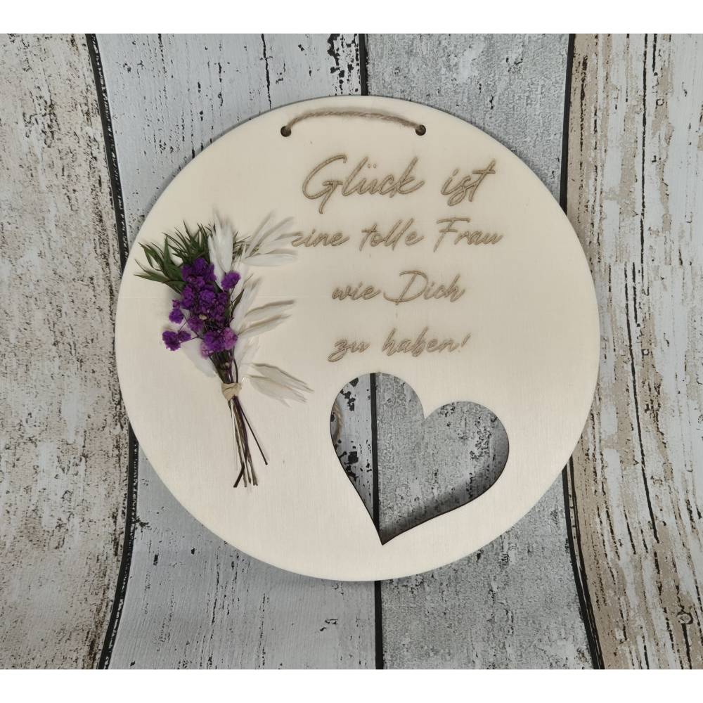 Wanddeko, Holzschild mit Spruch, Herz & Trockenblumen – Geschenk, 20cm, Pappelholz
