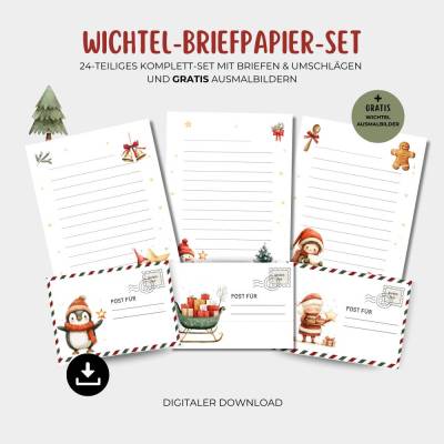 Wichtelbriefe Vorlage PDF, Wichtel Umschläge und Briefpapier Set, Weihnachtswichtel zum Ausdrucken, DIY Wichtel Zubehör