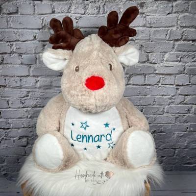 personalisiertes Plüschtier Rentier I Stofftier mit Namen & Sternen bestickt I Geschenk zu Weihnachten Kind 