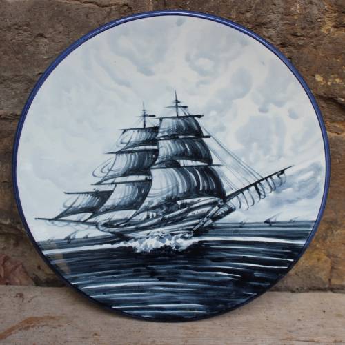 Wandteller Ø 30,5 cm Segelschiff Handbemalt 60er 70er Jahre
