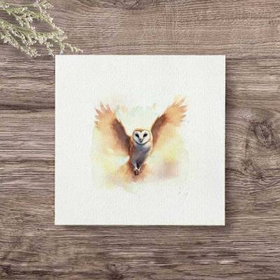 EULE Mini Aquarell, Wandbild Kunstdruck auf Büttenpapier, Geschenkidee Flügeltiere Miniatur Bild im Landhausstil