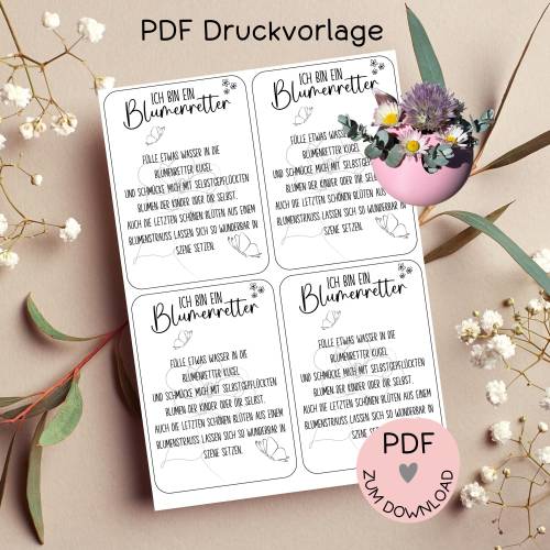 Karten "Blumenretter/Kugel", Digitale Datei, PDF-Druckvorlage, zum ausdrucken u. ausschneiden, z.B. f. kleine Geschenke