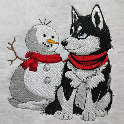 Husky mit Schneemann 12-14x18cm – Winterliche Eleganz für Deine Stickprojekte