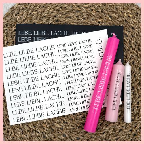 Kerzenfolie LEBE LIEBE LACHE, weiß, schwarz, gold- u. silber matt, A5,  Kerzentattoo Herbst, Kerzensticker, Lebe.Liebe.L
