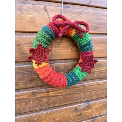 Adventskranz gehäkelt aus bunter Wolle Tischschmuck TürKranz mit schneeflocken Schleife 25cm rot grün gelb Sofortkauf 