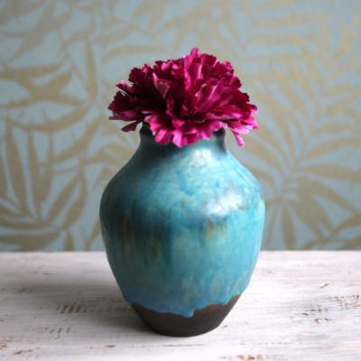 Mid Century Vase mit blauer Glasur Fat Lava