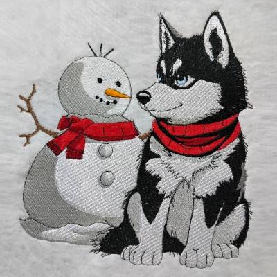 Husky mit Schneemann 14x14cm bzw. 15x15cm – Winterliche Eleganz für Deine Stickprojekte