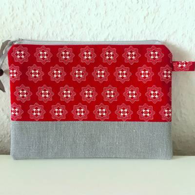Flaches Schminktäschchen Kosmetiktasche 20x14 cm Weinrot Grau Baumwolle Leinen