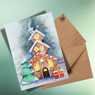 Weihnachtskarte Lebkuchenhaus – Handgemalte Aquarell-Postkarte auf Kraftpapier, winterlich & individuell