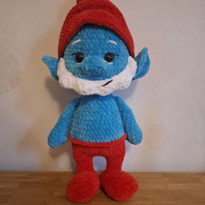 Handgemachtes Plüschtier – kleiner blauer Zwerg mit roter Mütze . Schlumpf. Papa Schlumpf.