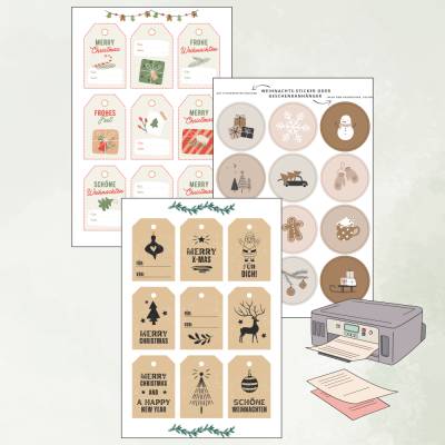 Geschenkanhänger & Sticker für Weihnachten zum Ausdrucken – DIY Set mit 3 Designs