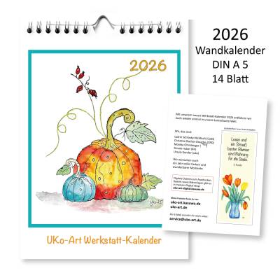 Kalender 2026 - Wandkalender Din A5, 14 Blatt, 13 Motive + 1 Lesezeichen zum Ausschneiden