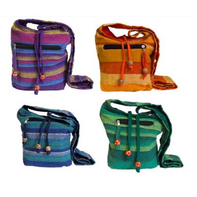 Umhängetasche aus Baumwolle – Handgefertigte Ökotasche in 4 Farben: Lila, Grün, Blau, Gelb/Orange