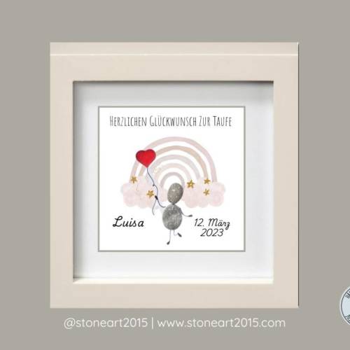 Steinbild Taufe mit Regenbogen & Herzballon – Taufgeschenk für Mädchen & Jungen – Personalisierte Karte zur Taufe
