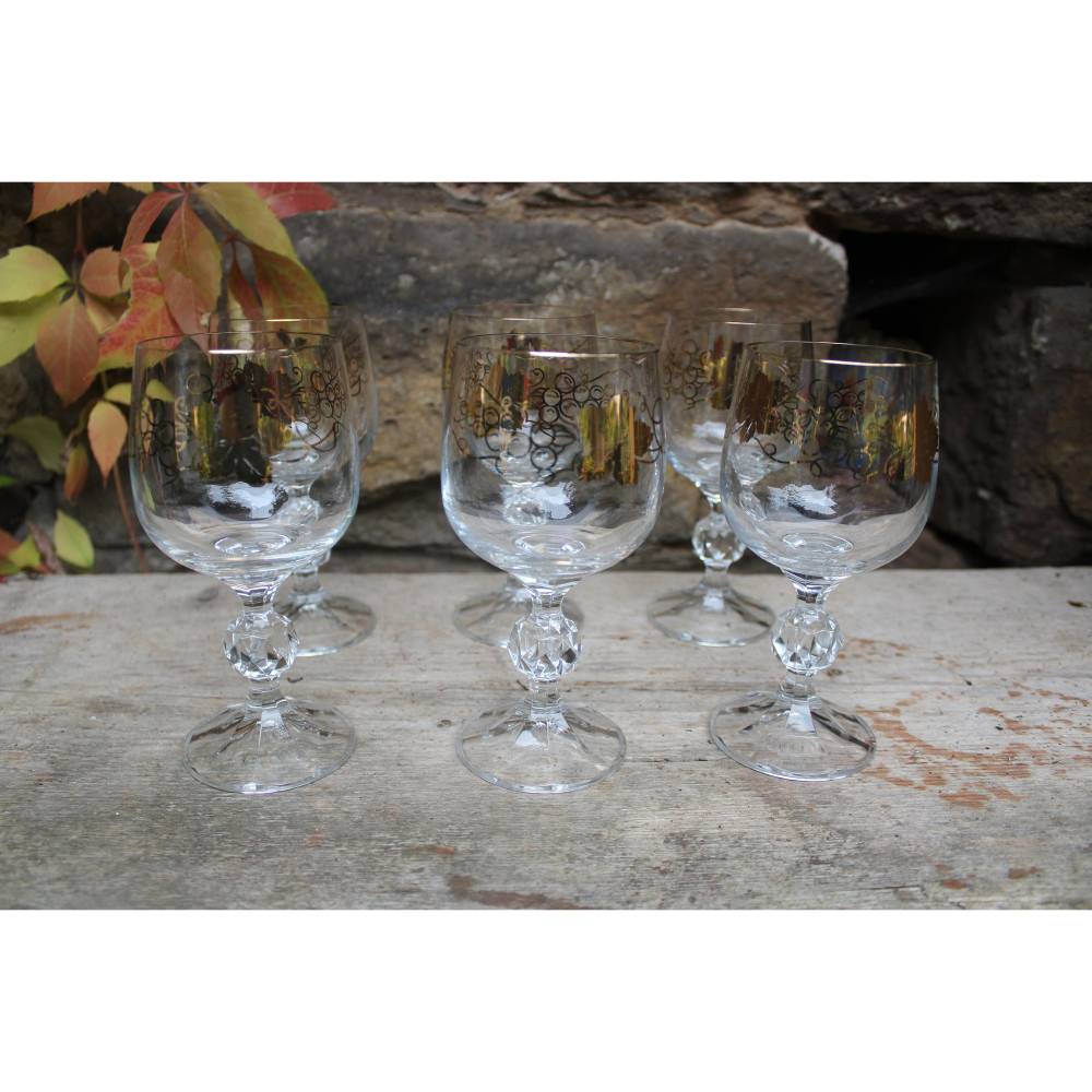 6 edle Weingläser goldenes Weinblätter Dekor Vintage 60er Jahre Bohemia Czechoslovakia
