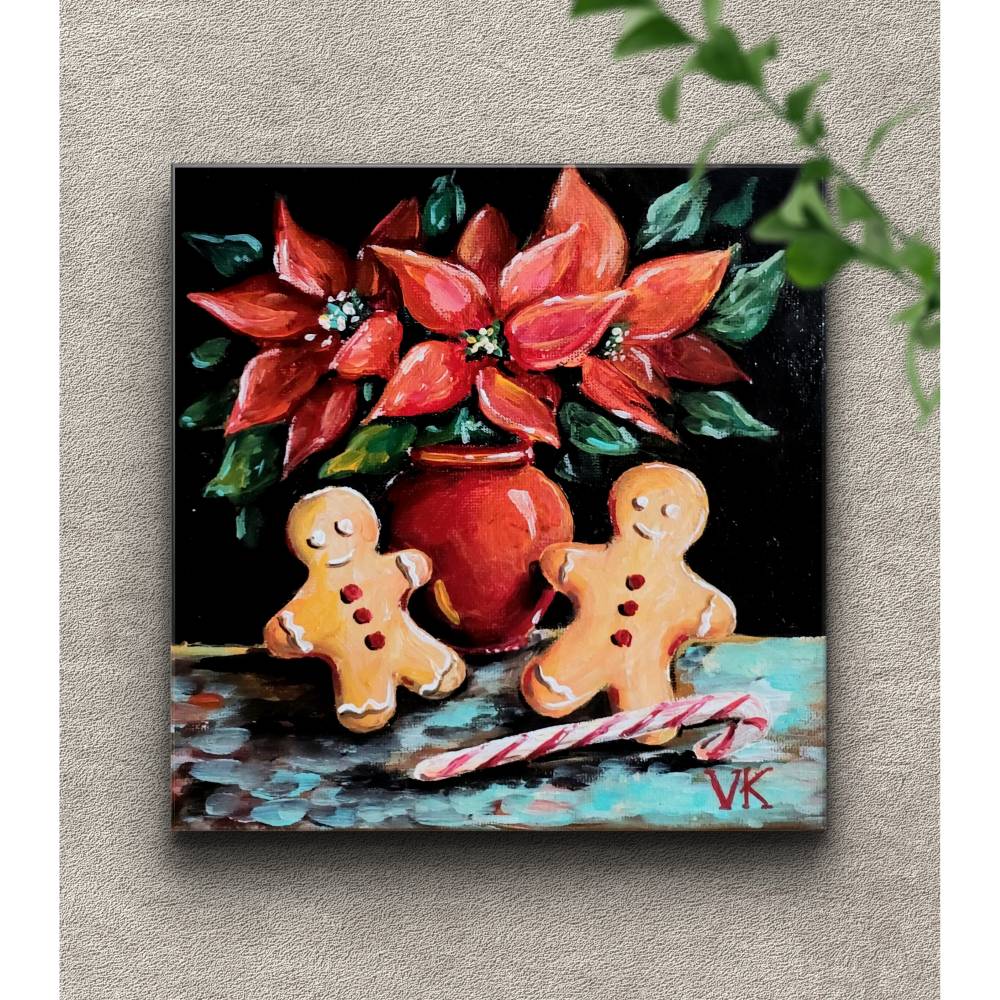 20/20cm Weihnachtsbild - Handgemalt auf Leinwand - Weihnachtsstern mit  Lebkuchenmann Gemlde - Adventszeit Deko