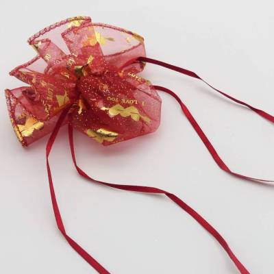 Organzasäckchen rot gold – Geschenkbeutel mit Herzchen + I love you Aufdruck, rund mit Zugband