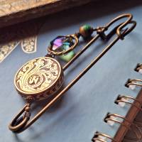 XXL Tuchnadel Om Messing Ornament , Bronze Schalnadel floral, Grün, Pink und Türkis  N10-AB-45