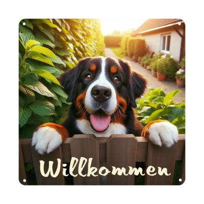 Aluminium Willkommen Blechschild mit einem Berner Sennenhund