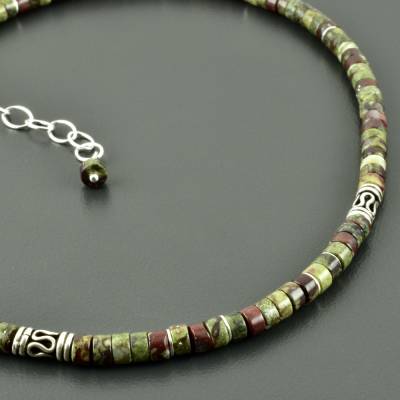 Jaspis-Kette mit 925er Silber, grün-rote Edelsteinkette, Geschenk Freundin, Männerschmuck, individualisierbar