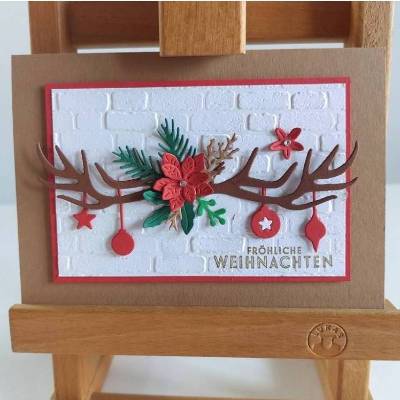 Exklusive Weihnachtskarte Hirschgeweih Braun Grün Rot Weiß – Handgemacht & Edle Deko