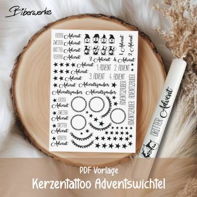 Kerzentattoo Adventswichtel – PDF Vorlage für DIY Adventskerzen & Sprüche | Kerzensticker drucken
