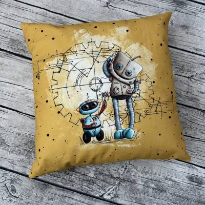 tolles Kissen / Kissenbezug Senfgelb kleiner Roboter Robi