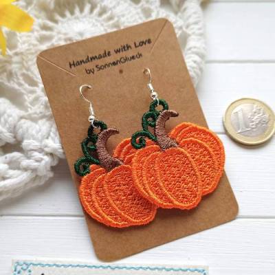 Kürbis Ohrringe gestickt – leichte orange Lace Statement Ohrringe für Herbst & Halloween
