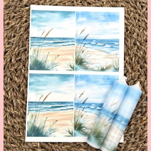 Kerzenfolie, Banderole BEACH, A5, bunt, Kerzentattoo, Wasserschiebefolie, Kerzensticker, z.B. Maritim, Meer, Urlaub, etc