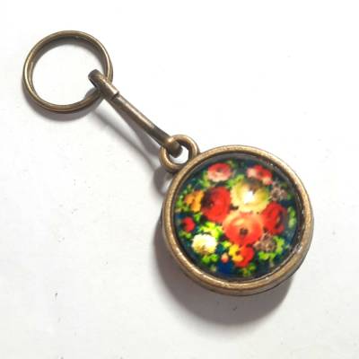 Motorik Helfer Kugel Reißverschluss-Zieher Schlüßelanhänger Altmessing & Glas Cabochon Shaby Rosen 1