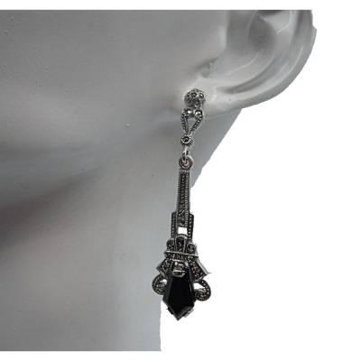925 Silber Onyx Art Deco Ohrringe mit handgefassten Markasiten – Exklusiver Schmuck