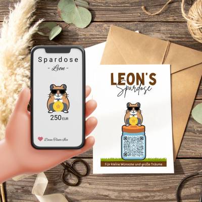 Sparbuch mit QR-Code – personalisierte Geschenkidee zur Taufe, Geburt oder Einschulung | Handmade | Hamster