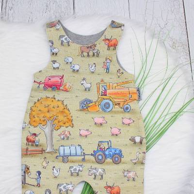 Strampler Bauernhof, Romper aus Biojersey, Junge, Mädchen, Traktor, Tiere, Babyromper Gr. 50, 56, 62, 68, 74