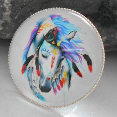 Pferdekopf Hippie Indianer Ring versilbert rund Glascabochon 30mm Statement