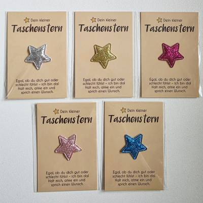 Glücksbringer Stern auf Karte – Stoff-Taschenstern mit Spruch als Geschenk für Liebe & Freundschaft