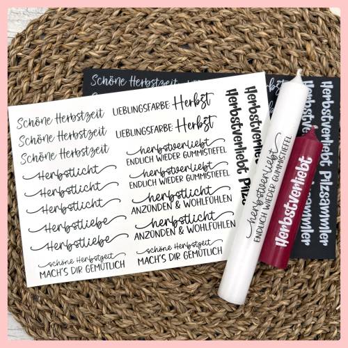 Kerzenfolie Herbst, HERBSTVERLIEBT, weiß, schwarz, gold- u. silber matt, A5,  Kerzentattoo Herbst, Kerzensticker, herbst