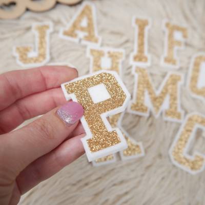 Applikation Buchstabe/Zahl 6 cm – Glitzerfolie GOLD & Filz mit 3D-Effekt, zum Aufbügeln & Annä