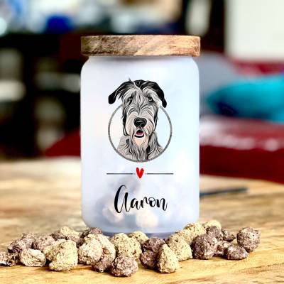 Glas Leckerlidose 'Irischer Wolfshund' mit Namen, 700 ml