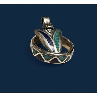Original Navajo Chip Inlay Ring aus Arizona – 925 Sterling Silber, Türkis & Lapislazuli, Vintage, mit Pfeilspitze