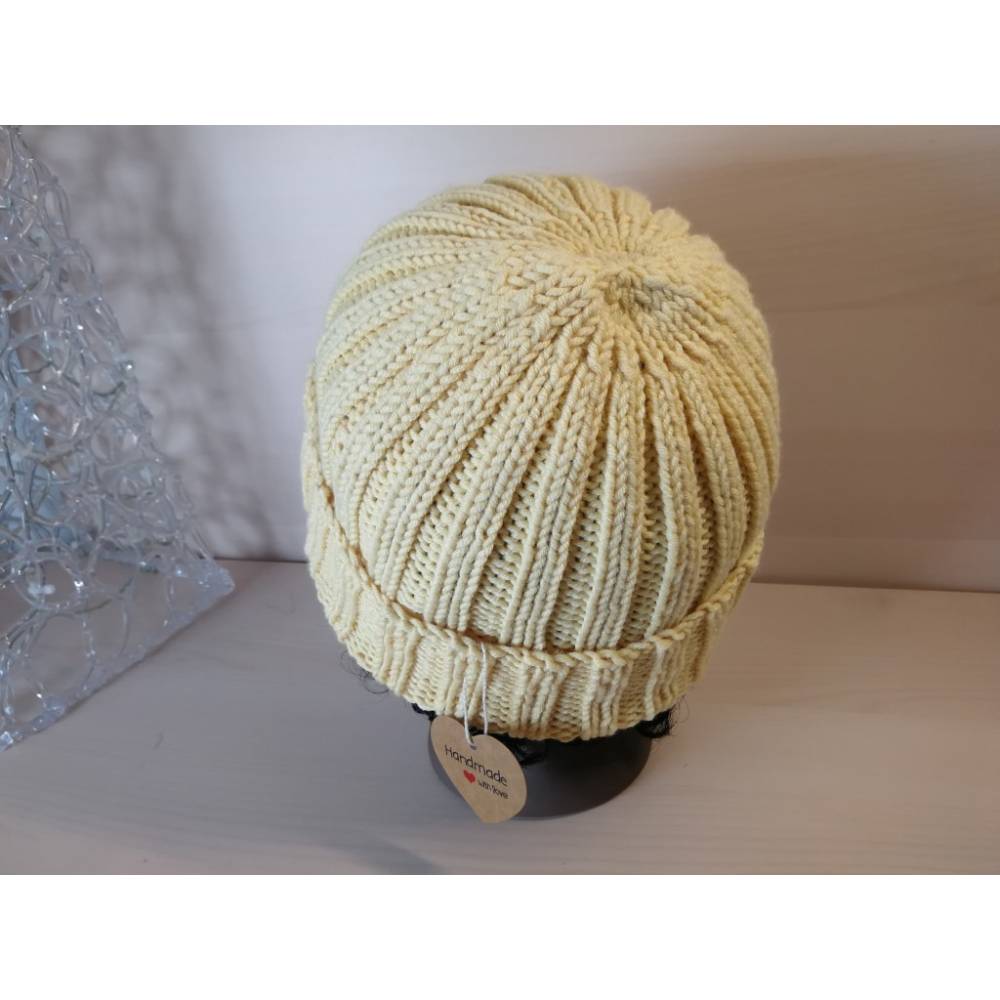 Handgestrickte Rippenmütze Vanillegelb – Unisex, dehnbar & pflegeleicht, Universalgröße Bild 3