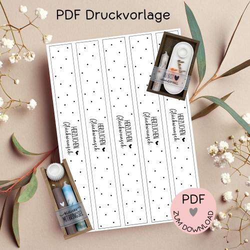 Banderole "Herzlichen Glückwunsch", PDF-Druckvorlage, zum ausdrucken u. auschneiden, A4, Banderolen z.B. f. Geschenke